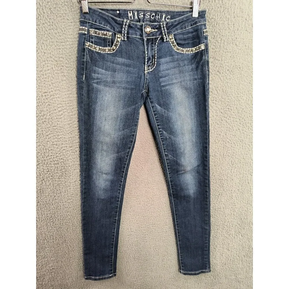 Miss Chic USA Bling Skinny Stretch‎ Flap Pocket Jeans Womens Juniors 5 Waist 29